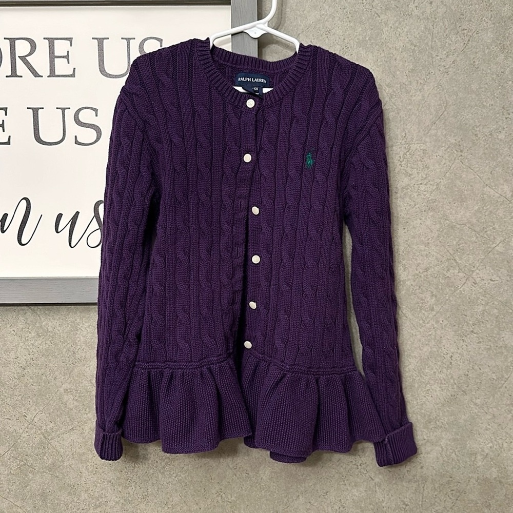 Girls Ralph Lauren Purple Cardigan. Size 8-10. Worn Twice. New Condition.